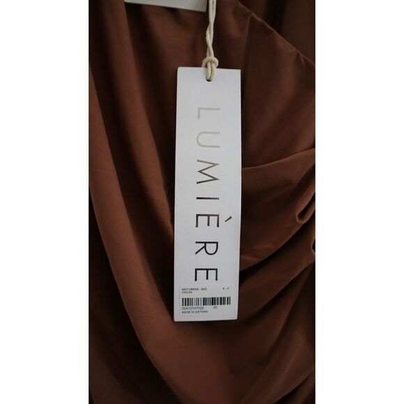 Urban Outfitters Women's Sz S Cocoa Brown Lumiére Knit Faux Wrap Ruched Dress - Picture 9 of 9